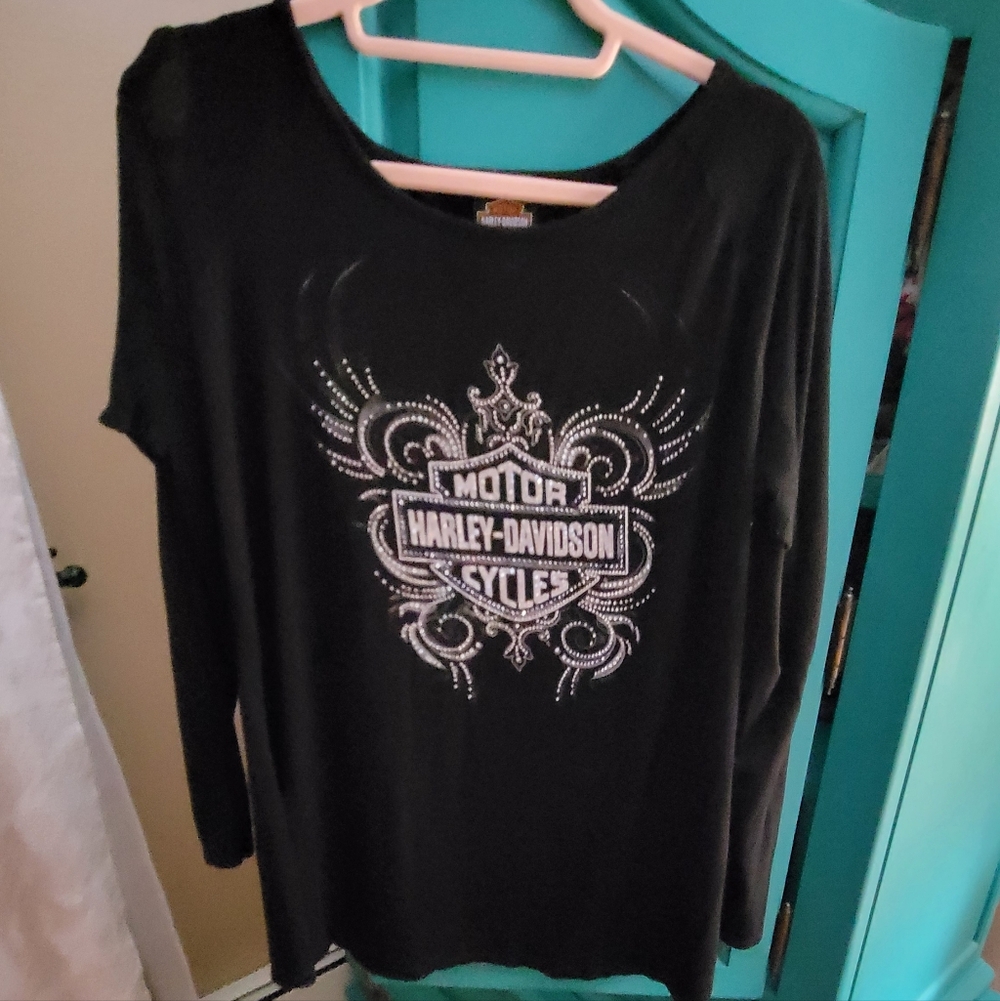 Harley-Davidson Black Graphic Women's Top with Rhinstones and Cut Out Sleeves